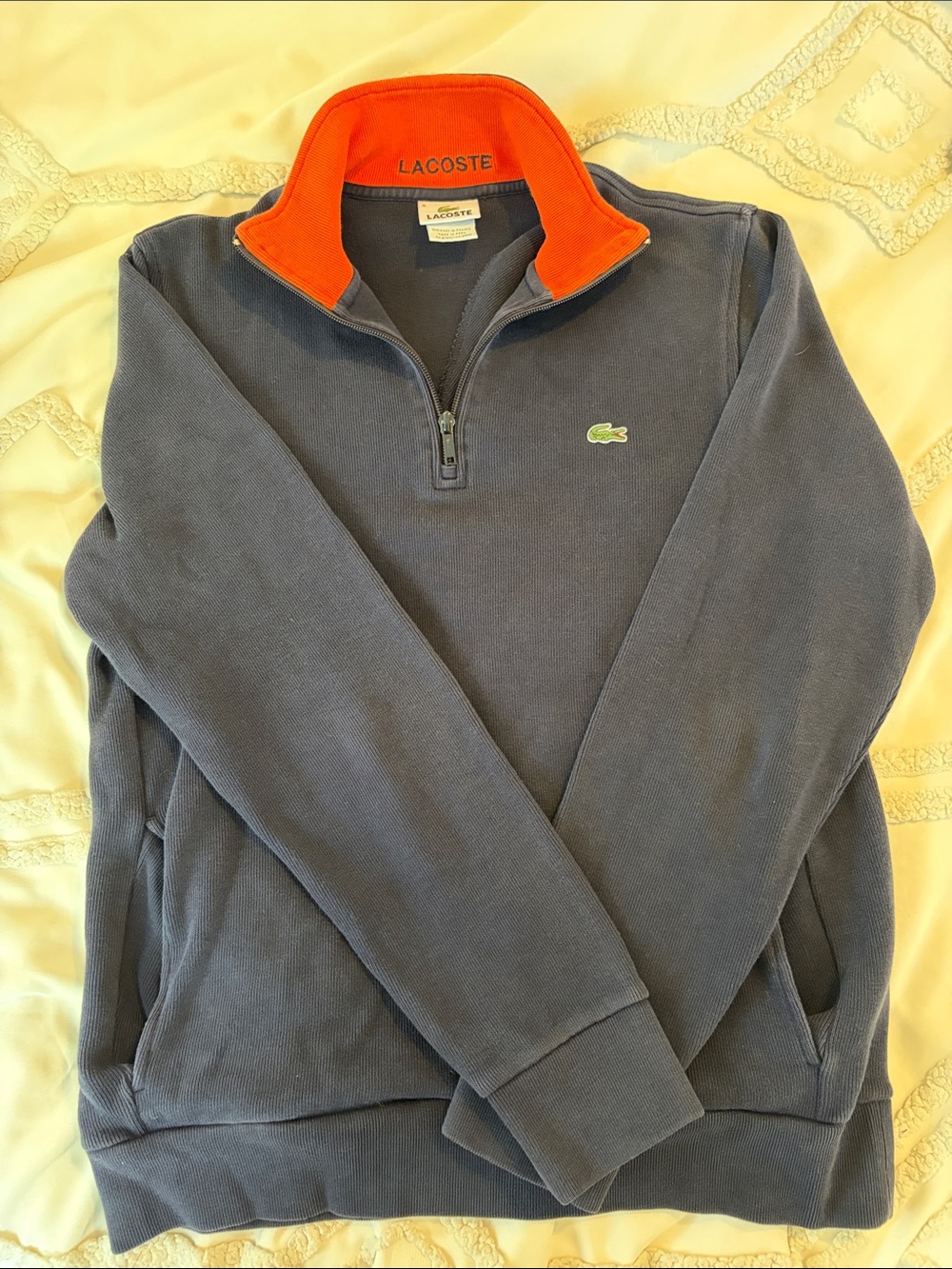 Lacoste Men's Navy Quarter-Zip Sweater with Orange Inner Collar